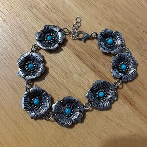 Source Unknown Silver Bracelet with Turquoise Floral Accents